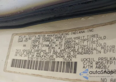 2004 Toyota Tundra Limited V8 из США, поврежденный, VIN 5TBET38164S433846